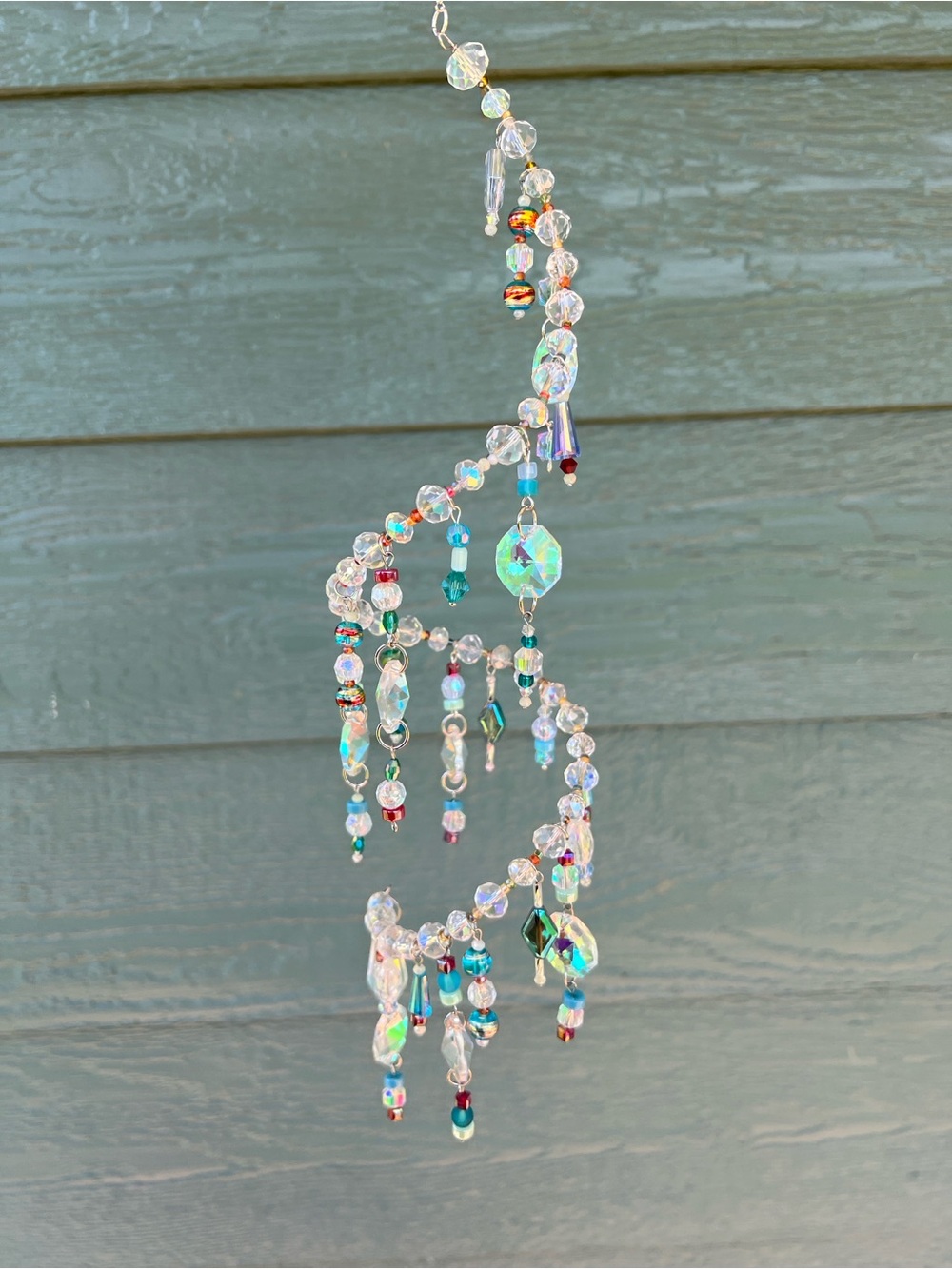 Crystal Beaded Hanging Suncatcher - Iridescent Clear with Aqua Accents